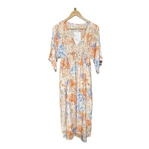 Floral Print Midi Dress - Orange and Blue